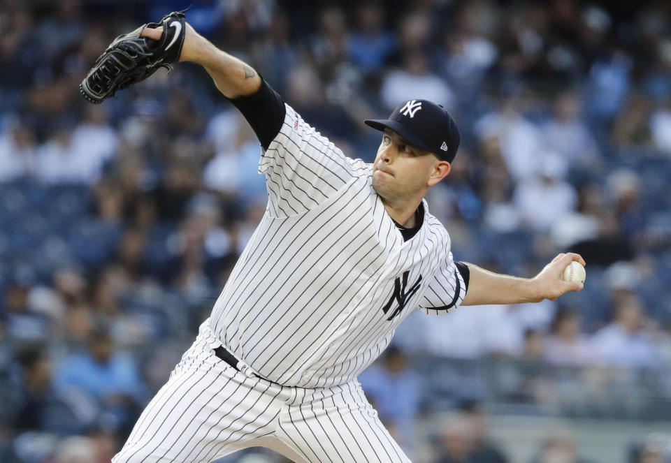 New York Yankees' James Paxton delivers a pitch during the first inning against the Boston Red Sox in a baseball game Friday, Aug. 2, 2019, in New York. (AP Photo/Frank Franklin II)