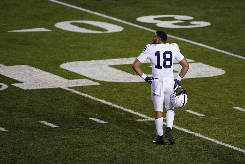 Penn State's Shaka Toney leaves the field after Indiana defeated Penn State in overtime of an NCAA college football game, Saturday, Oct. 24, 2020, in Bloomington, Ind. (AP Photo/Darron Cummings)