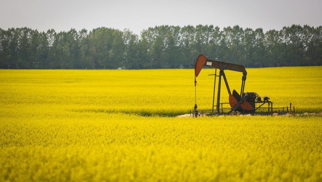 A pumpjack draws oil underneath a canola field as a haze of wildfire smoke hangs in the air in Cremona, Alta., in July 2021. THE CANADIAN PRESS/Jeff McIntosh