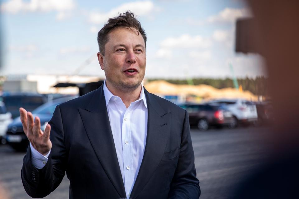 esla head Elon Musk arrives to have a look at the construction site of the new Tesla Gigafactory near Berlin on September 03, 2020 near Gruenheide, Germany.