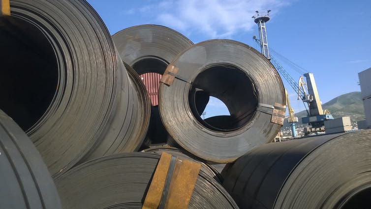 <span class="caption">Trump has imposed 25% tariffs on imported steel.</span> <span class="attribution"><a class="link " href="https://www.shutterstock.com/download/success?u=http%3A%2F%2Fdownload.shutterstock.com%2Fgatekeeper%2FW3siZSI6MTU2MTQ4Njc4MCwiYyI6Il9waG90b19zZXNzaW9uX2lkIiwiZGMiOiJpZGxfNjM4MzAwMTM3IiwiayI6InBob3RvLzYzODMwMDEzNy9odWdlLmpwZyIsIm0iOjEsImQiOiJzaHV0dGVyc3RvY2stbWVkaWEifSwiLzVBTStma2E0aUdZb0tEeG9UYWdMRy95Vk9jIl0%2Fshutterstock_638300137.jpg&pi=33421636&m=638300137&src=lIJNcCsBdT6zhQdU9FcTMg-1-73" rel="nofollow noopener" target="_blank" data-ylk="slk:Leonid Eremeychuk / Shutterstock;elm:context_link;itc:0;sec:content-canvas">Leonid Eremeychuk / Shutterstock</a></span>