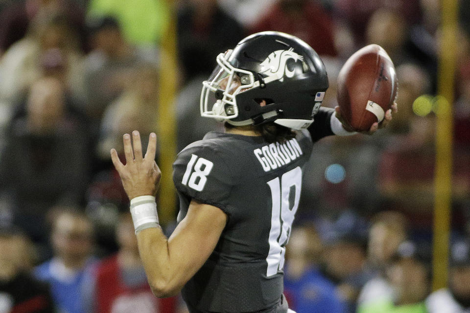 Washington State quarterback Anthony Gordon (18) throws a pass during the first half of an NCAA college football game against UCLA in Pullman, Wash., Saturday, Sept. 21, 2019. (AP Photo/Young Kwak)