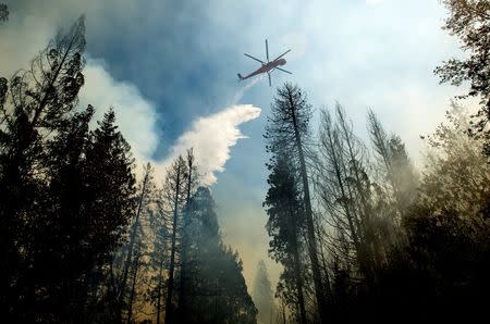 A helicopter drops water while battling the King Fire near Fresh Pond, California September 16, 2014. REUTERS/Noah Berger