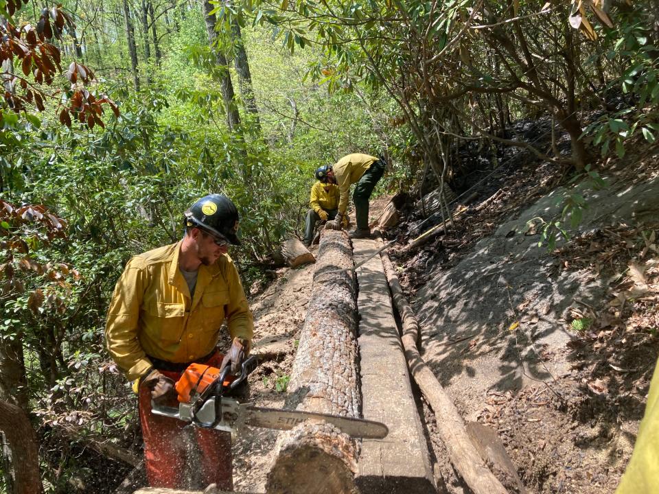 The U.S. Forest Service worked to repair a footbridge on the Barnett Branch Trail May 2, following a wildfire that was first reported April 27.