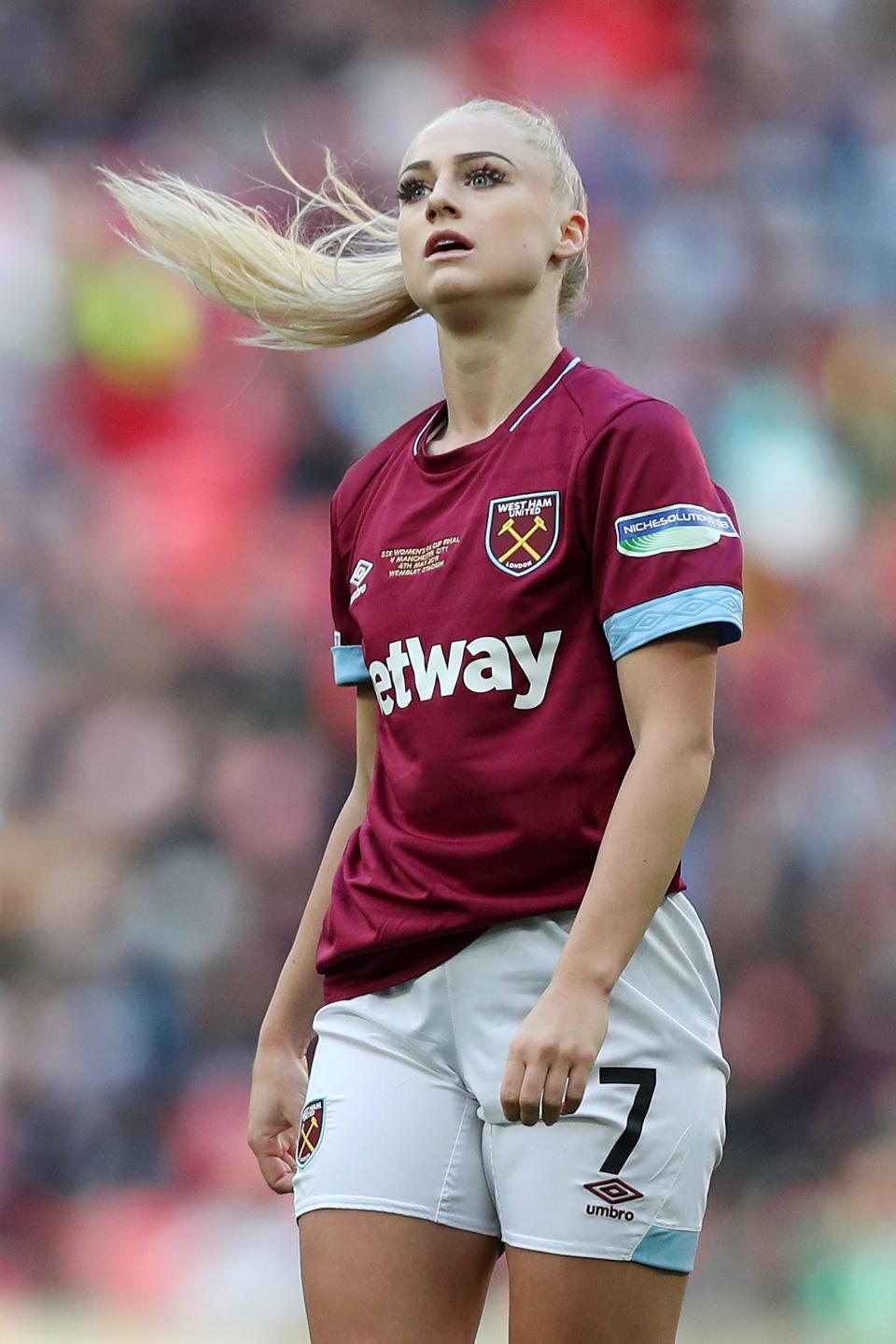 LONDON, ENGLAND - MAY 04: Alisha Lehmann of West Ham United Ladies looks on during the Women's FA Cup Final match between Manchester City Women and West Ham United Ladies at Wembley Stadium on May 04, 2019 in London, England. (Photo by Naomi Baker/Getty Images)