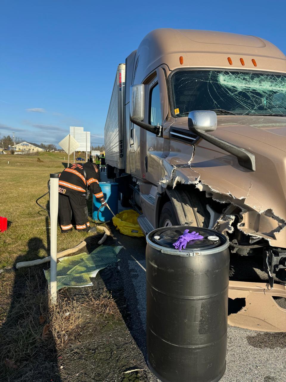A truck was struck by debris and its saddle tank was ruptured during a crash on I-83 South on Wednesday afternoon, according to the York County Office of Emergency Management.