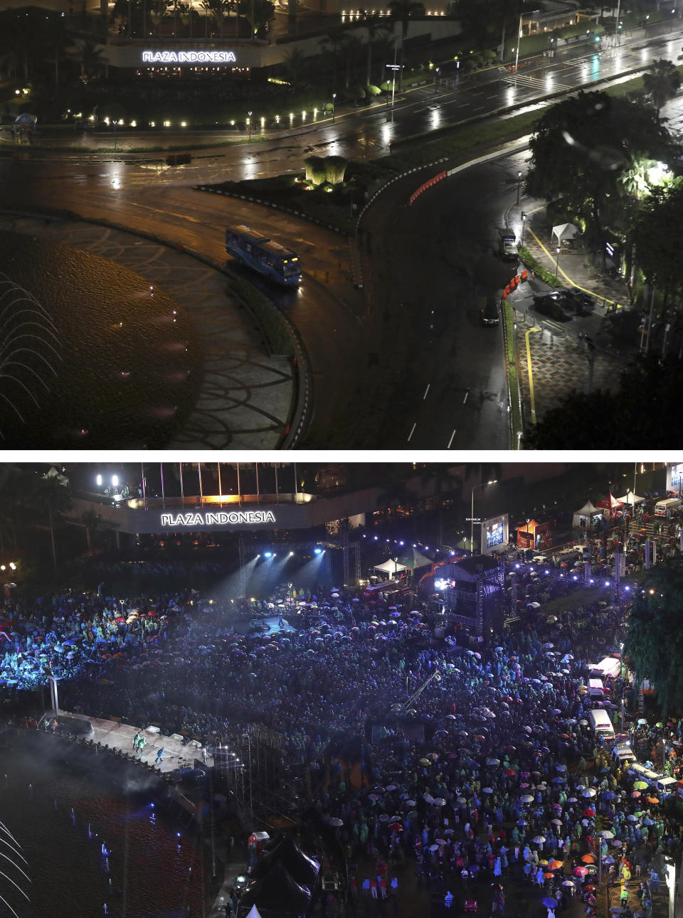 This combo image shows the Hotel Indonesia Roundabout in Jakarta, a popular spot for New Year's Eve celebration, taken on Thursday, Dec. 31, 2020, top photo, and Tuesday, Dec. 31, 2019, bottom photo. As the world says goodbye to 2020, there will be countdowns and live performances, but no massed jubilant crowds in traditional gathering spots like the Champs Elysees in Paris and New York City's Times Square this New Year's Eve. The virus that ruined 2020 has led to cancelations of most fireworks displays and public events in favor of made-for-TV-only moments in party spots like London and Rio de Janeiro. (AP Photo/Dita Alangkara, Tatan Syuflana)