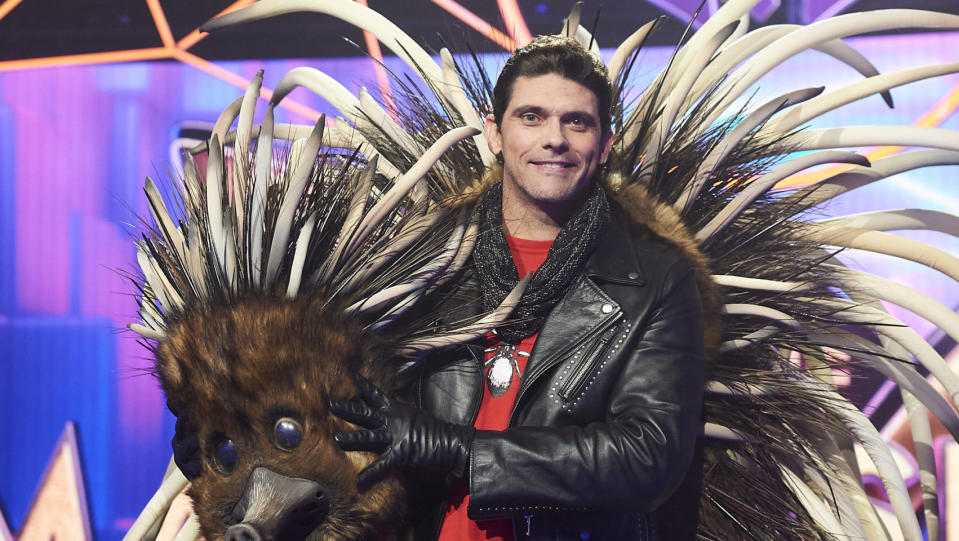 Tennis star Mark Philippoussis was revealed to be the Echidna on The Masked Singer on Monday. Photo: Ten