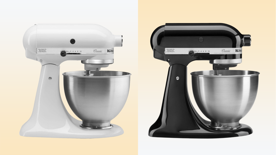 KitchenAid Classic Series stand mixers in white and back on a yellow background