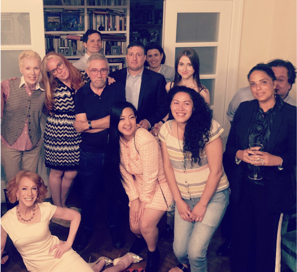 E Jean Carroll, left, testified that she decided to sue Donald Trump after meeting George Conway, far right, at a party at the home of writer Molly Jong-Fast, second from left, in 2019. Also in attendance was Kathy Griffin, bottom left and Soledad O’Brien, second from right. (Kathy Griffin/Twitter)