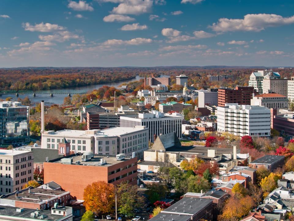 A drone shot of downtown Trenton, New Jersey with the capitol in the distance