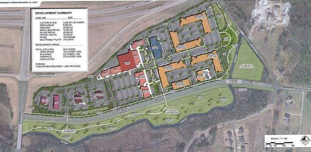 The 50-acre Spring Hill Towne Crossing development would feature more than 50,000 square feet of retail, restaurant and/or office space, along with a 30,500 square-foot grocery store, a 120-room hotel, more than 300 multi-family units and a convenience store/gas station.