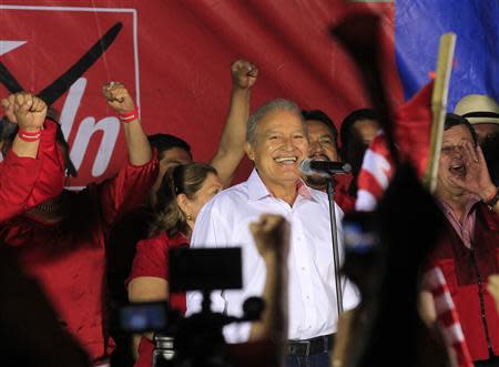 Salvador Sanchez Ceren, presidential candidate for the Farabundo Marti Front for National Liberation (FMLN), speaks to his supporters after the official results in San Salvador February 2, 2014. REUTERS/Henry Romero