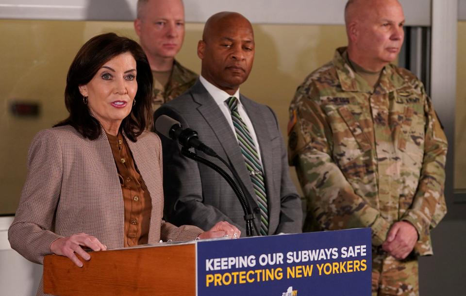 New York Governor Kathy Hochul speaks March 6 a press conference to announce the deployment of National Guard soldiers and State Police officers to subway system to combat subway crime.