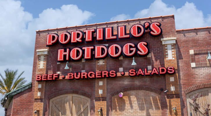 The front of a Portillo's (PTLO) hotdog restaurant in Riverside, California.