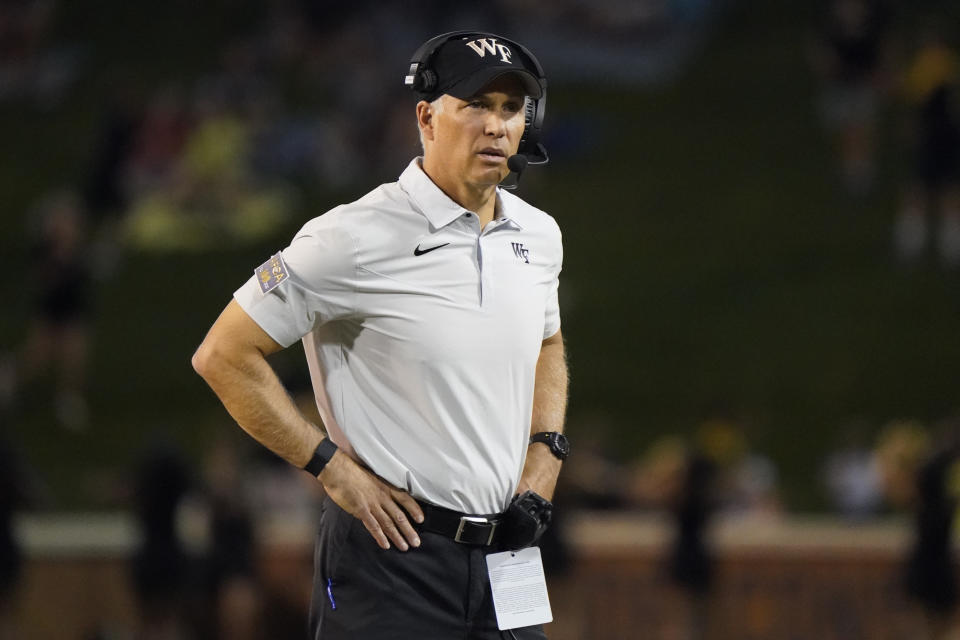 FILE - Wake Forest head coach Dave Clawson looks on from the sidelines during the second half of an NCAA college football game in Winston-Salem, N.C., Sept. 1, 2022. Wake Forest opens the season against Elon on Aug. 31, 2023. (AP Photo/Chuck Burton, File)