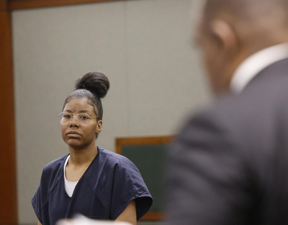 Paris Paradise Morton, 32, stands in court during her hearing on Thursday, May 18, 2023, in Las Vegas. Morton, who legally changed her name in October 2015 from Lakeisha Nicole Holloway, is accused of intentionally driving her car onto a Las Vegas Strip sidewalk in December 2015, killing one person and injuring dozens more. (Chitose Suzuki/Las Vegas Review-Journal via AP)