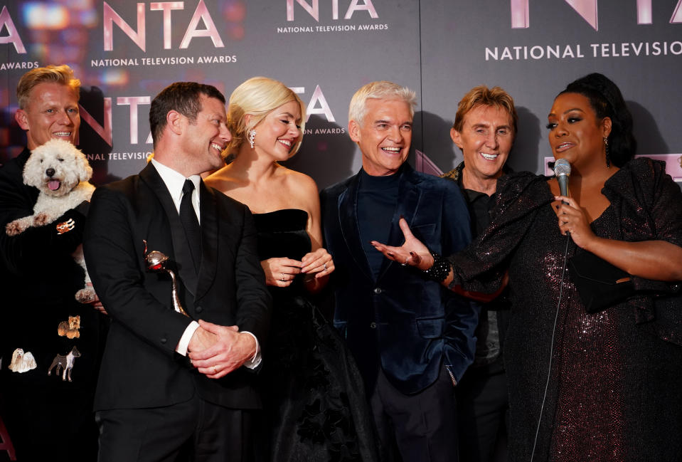 Dermot O'Leary, Holly Willoughby, Phillip Schofield, Nik Speakman and Alison Hammond celebrate in the press room after winning the Daytime award for This Morning at the National Television Awards 2022 held at the OVO Arena Wembley in London. Picture date: Thursday October 13, 2022. (Photo by Ian West/PA Images via Getty Images)