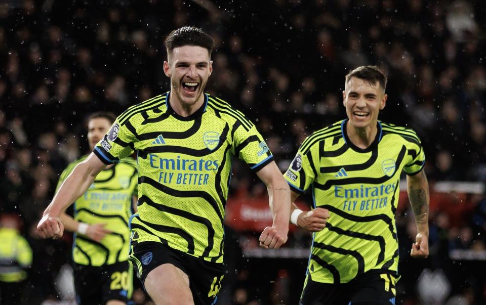 Declan Rice celebrates his goal for Arsenal at Sheffield United