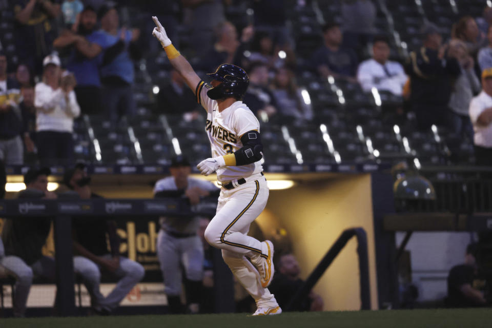 Milwaukee Brewers' Josh Donaldson reacts after his home run against the Miami Marlins during the fourth inning of a baseball game Tuesday, Sept. 12, 2023, in Milwaukee. (AP Photo/Jeffrey Phelps)