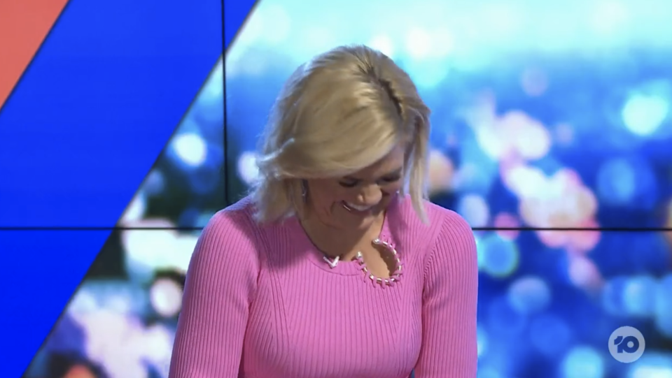 Sarah Harris could stop laughing during the interview. Photo: Ten