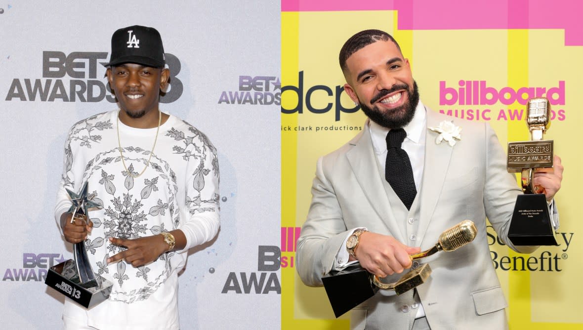 Recording Artist Kendrick Lamar (left) winner of the BET's Best New Artist Award poses in the Backstage Winner's Room (Photo by Mike Windle/Getty Images for BET); Drake, winner of the Artist of the Decade Award, poses backstage for the 2021 Billboard Music Awards(Photo by Rich Fury/Getty Images for dcp)