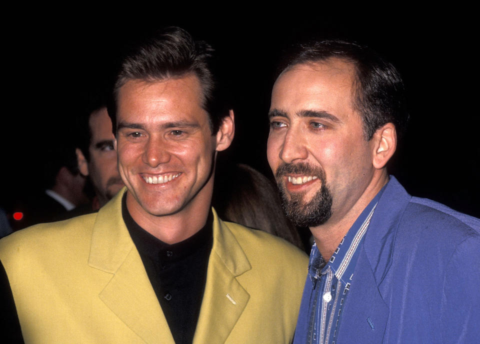 Actor/Comedian Jim Carrey and actor Nicolas Cage attend the "It Could Happen to You" New York City Premiere on July 26, 1994 at the Paris Theatre in New York City. (Photo by Ron Galella, Ltd./Ron Galella Collection via Getty Images)