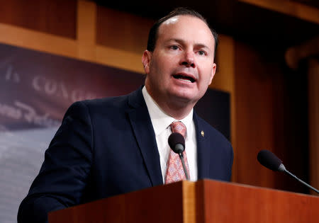 Senator Mike Lee (R-UT) speaks after the senate voted on a resolution ending U.S. military support for the war in Yemen on Capitol Hill in Washington, U.S., December 13, 2018. REUTERS/Joshua Roberts