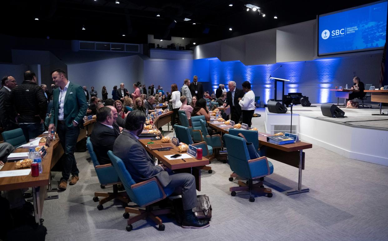 Committee members gather for the Southern Baptist Convention Executive Committee meeting Monday, Feb. 20, 2023 in Nashville, Tenn. 