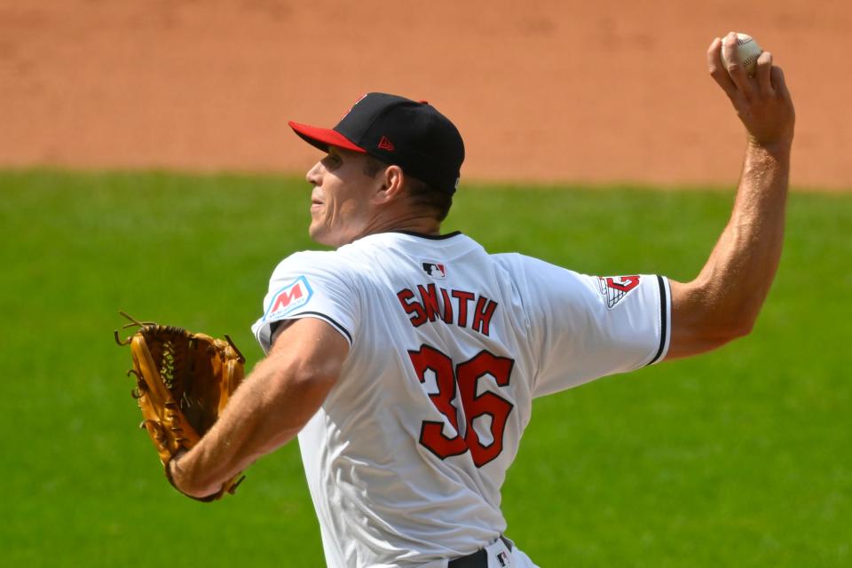 Guardians reliever Cade Smith delivers a pitch in the seventh inning against the Pittsburgh Pirates, Sept. 1, 2024, in Cleveland.