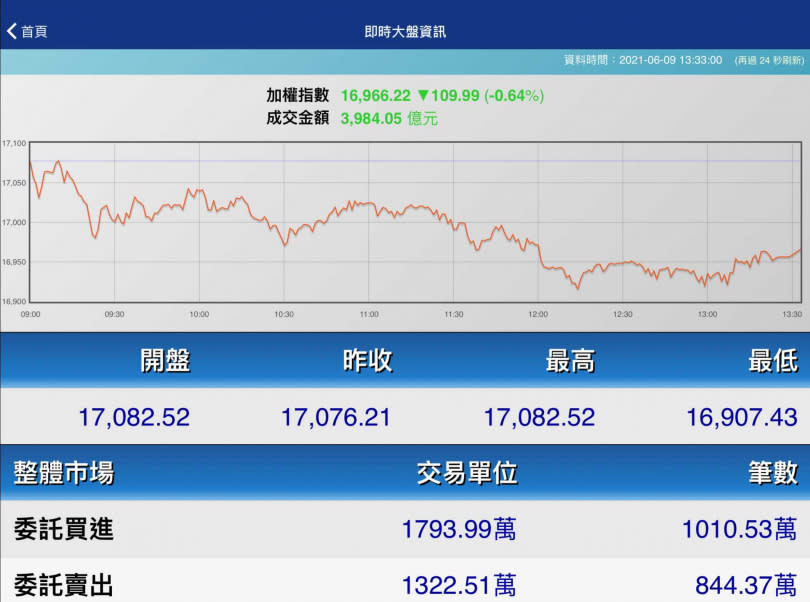 台股6月9日走勢。（圖／翻攝自證交所網站）