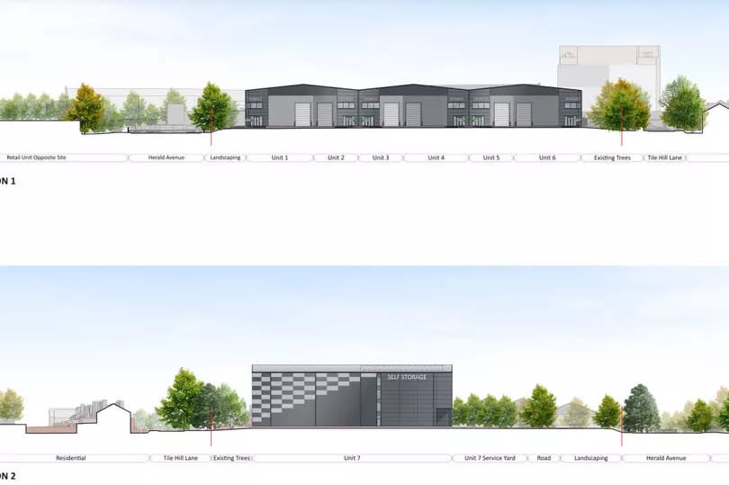 A picture with plans shows how the new storage facility and employment units will look