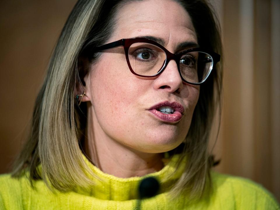 Sen. Kyrsten Sinema, D-Ariz., speaks during a Senate Homeland Security and Governmental Affairs Committee hearing on Feb. 1, 2022 in Washington.