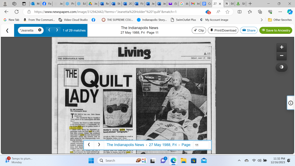 Jeanetta Holder is featured in a May 1988 Indianapolis News article as the Indy 500's "Quilt Lady."