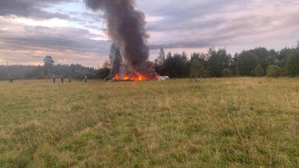 PHOTO: Plane wreckage burns following an air accident in Tver, Russia, Aug. 23, 2023. (EyePress News/Shutterstock)