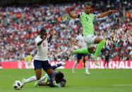 <p>England’s Raheem Sterling dives in the penalty area </p>