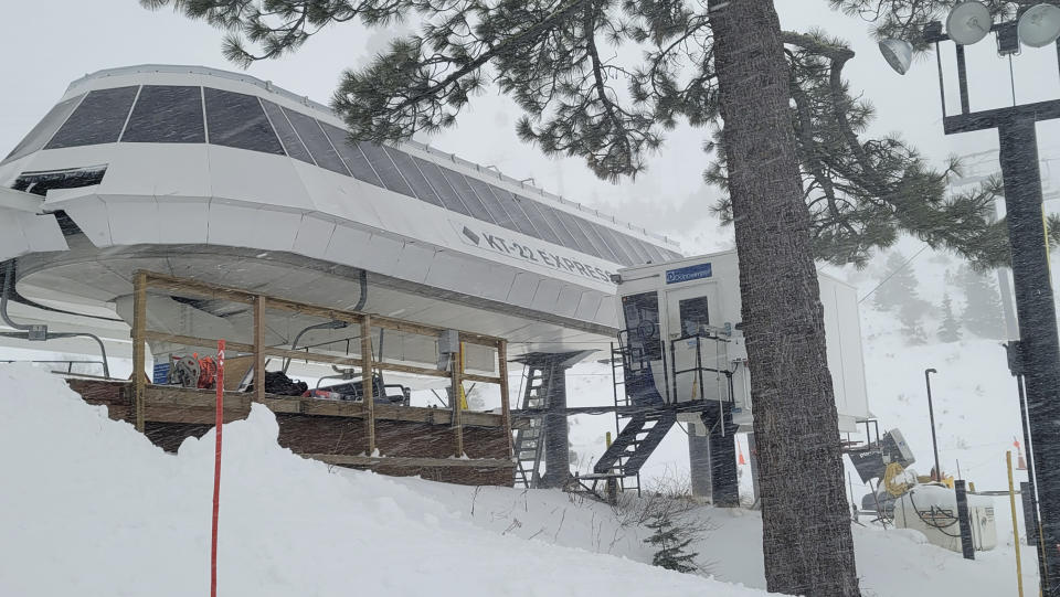 Rescues crews work at the scene of an avalanche at the Palisades Tahoe ski resort on Wednesday, Jan. 10, 2024, near Lake Tahoe, Calif. The avalanche roared through a section of expert trails at the ski resort as a major storm with snow and gusty winds moved into the region, authorities said. (Mark Sponsler via AP)