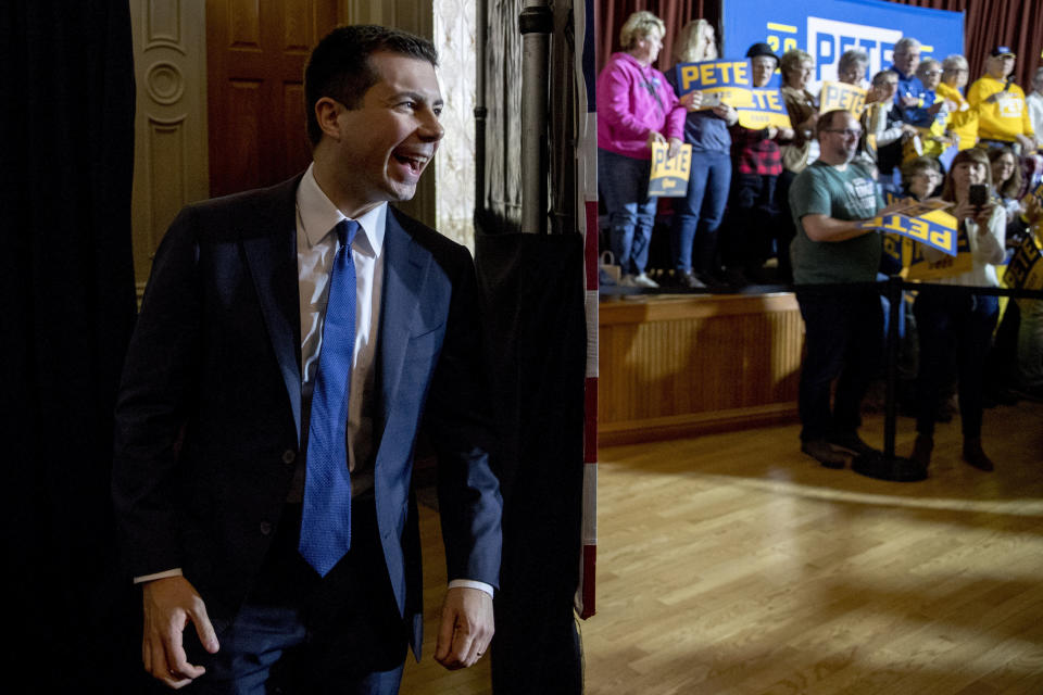 Democratic presidential candidate former South Bend, Ind., Mayor Pete Buttigieg arrives at a campaign stop at Hotel Winneshiek, Thursday, Jan. 30, 2020, in Decorah, Iowa. (AP Photo/Andrew Harnik)