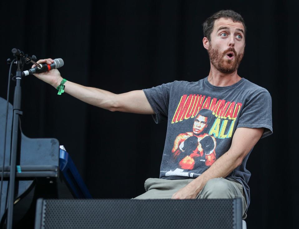 Louisville native Ben Thornewill reacts after a sharp feedback sound put the exclamation mark on the band Jukebox the Ghost's first song Sunday. Thornewill, the pianist and singer wore a Muhammad Ali t-shirt while performing. Sept. 18, 2022