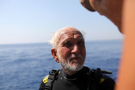 Ray Woolley, pioneer diver and World War 2 veteran, is seen before breaking a new diving record as he turns 95 by taking the plunge at the Zenobia, a cargo ship wreck off the Cypriot town of Larnaca, Cyprus September 1, 2018. REUTERS/Yiannis Kourtoglou