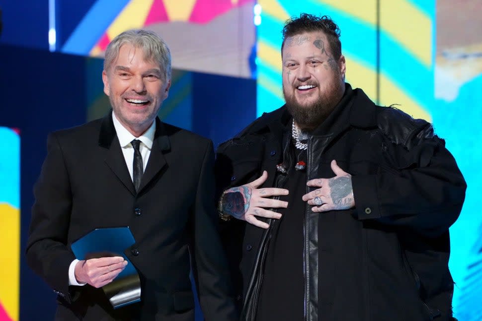 AUSTIN, TEXAS - APRIL 07: (L-R) Billy Bob Thornton and Jelly Roll appear onstage during the 2024 CMT Music Awards at Moody Center on April 07, 2024 in Austin, Texas. 