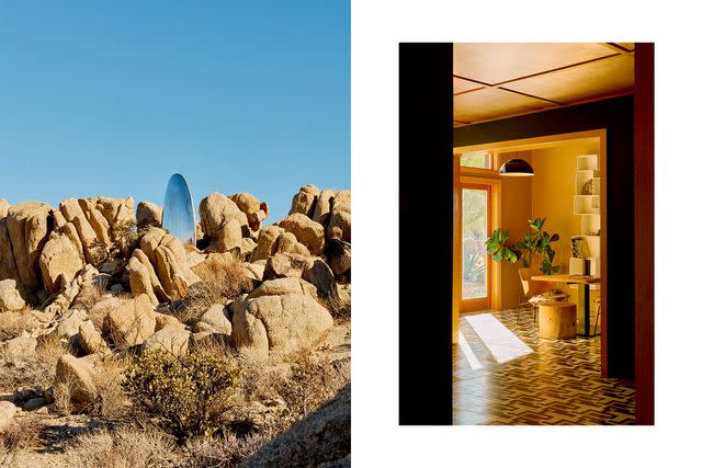 <p>Yasara Gunawardena</p> From left: Sculptor Sarah Vanderlip’s CA.Truckheads on the grounds of A-Z West; at A-Z West, the former home of artist and Joshua Tree icon Andrea Zittel is available to rent.