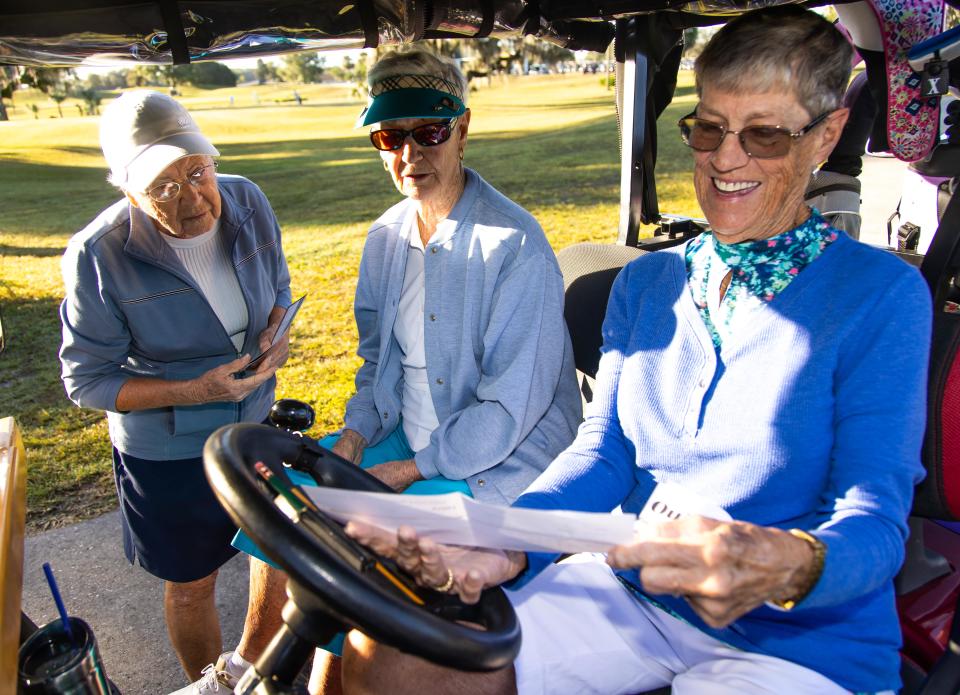 Peggy Toye, left, Amy Faulkner, center, and Lois Isnor, right, talk about the scorecard before teeing off at the Spruce Creek Preserve Golf Club on Oct. 25.