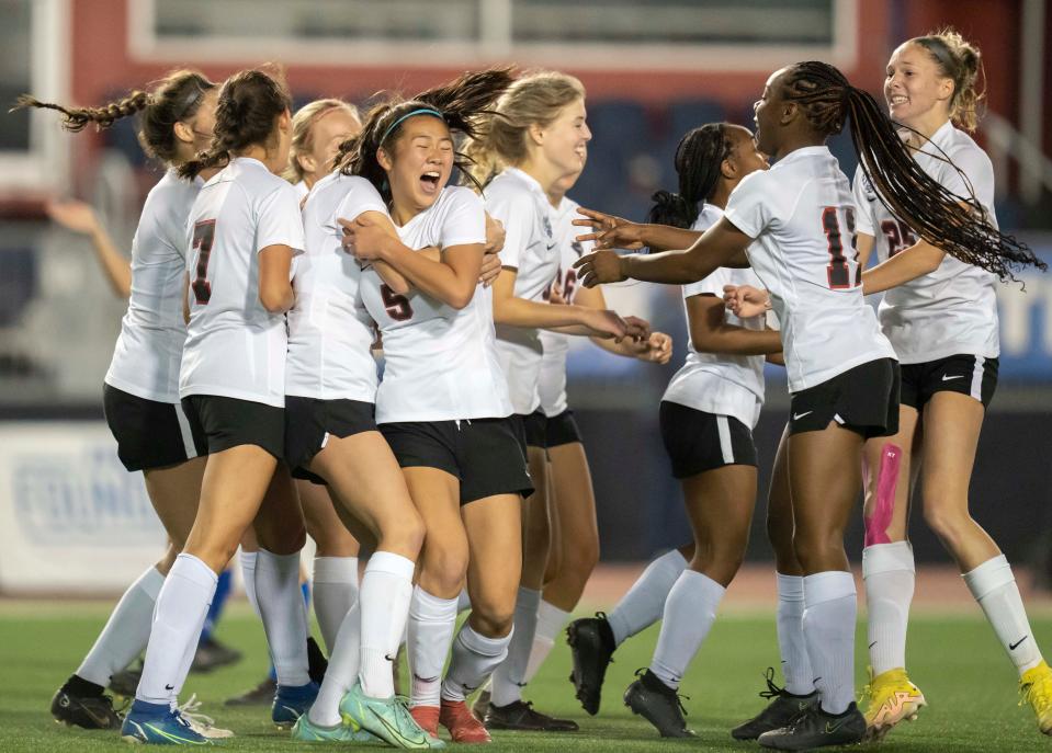The Park Tudor Panthers celebrate after their first goal during the Class A State Championship game Saturday, Oct. 29, 2022, at Carroll Stadium in Indianapolis. 