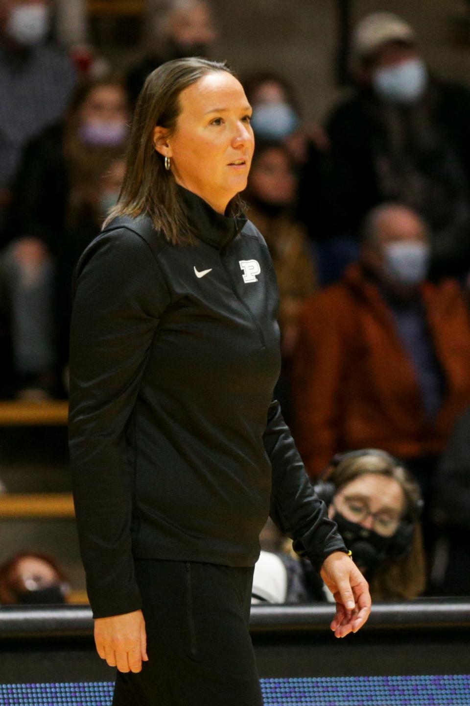 Purdue head coach Katie Gearlds during the third quarter of an NCAA women's basketball game, Sunday, Dec. 19, 2021 at Mackey Arena in West Lafayette.