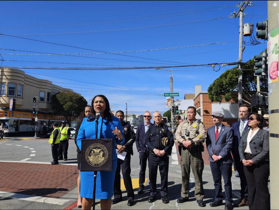 布里德市長在日落區宣布，舊金山著手安裝車牌讀取器，以治理零售盜竊。（記者李怡／攝影）