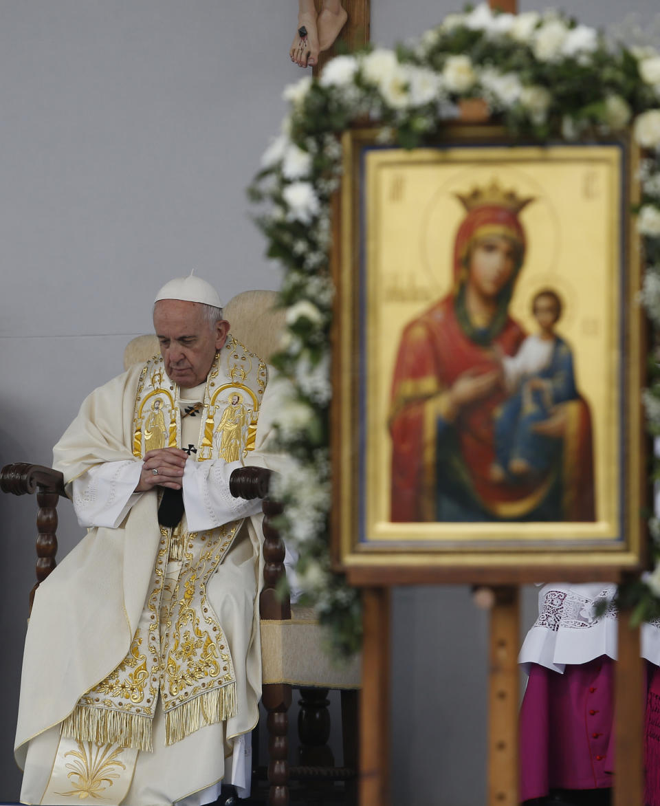 Pope Francis celebrates Mass in Knyaz Alexandar Square in Sofia, Bulgaria, Sunday, May 5, 2019. Pope Francis is visiting Bulgaria, the European Union's poorest country and one that taken a hard line against migrants, a stance that conflicts with the pontiff's view that reaching out to vulnerable people is a moral imperative. (AP Photo/Darko Vojinovic)