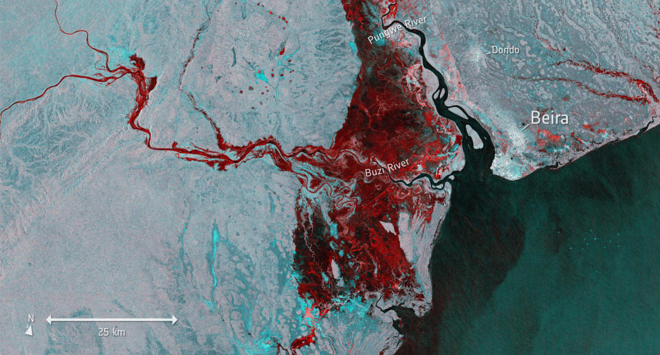 A satellite image shows the extent of Cyclone Idai’s damage. Source: European Space Agency
