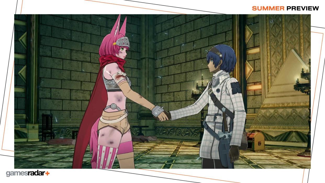  Metaphor: ReFantazio's protagonist shakes the hand of a character with bright pink hair. 