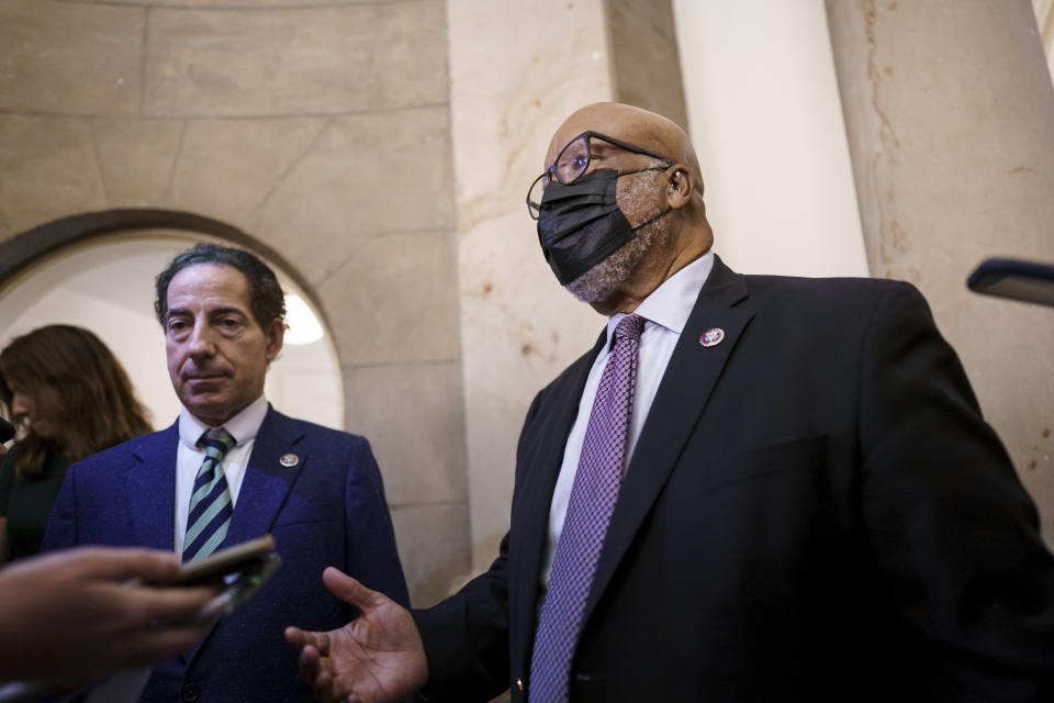 Rep. Jamie Raskin, D-Md., left, and Rep. Bennie Thompson, D-Miss., chairman of the House select committee investigating the Jan. 6 Capitol insurrection, speak with reporters after members of the panel met with House Speaker Nancy Pelosi to prepare for the start of hearings next week, at the Capitol in Washington, Thursday, July 22, 2021. (AP Photo/J. Scott Applewhite)